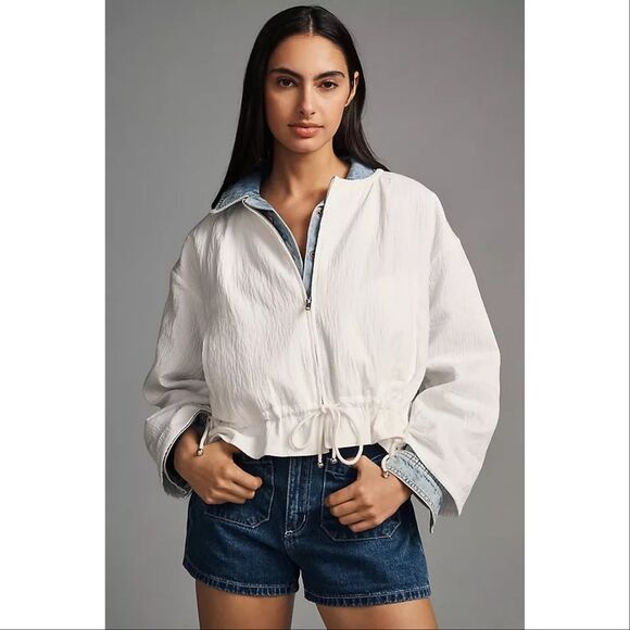 Anthropologie Jackets & Blazers - Maeve Anthropologie Beach Parachute Bomber Jacket White XL Scrunch Tie Zip Front